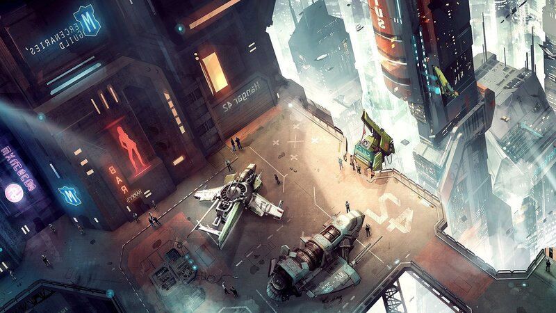 Futuristic Spaceport — Gray, Dramatic, Night, Digital Art, Spaceships
