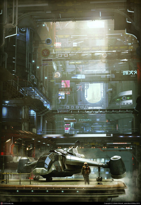 futuristic spaceport interior