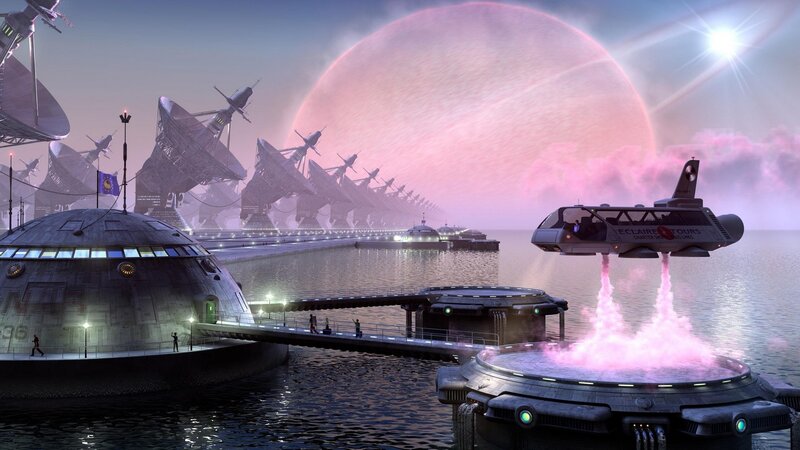 Futuristic Spaceport — Pink, Dramatic, Sunset