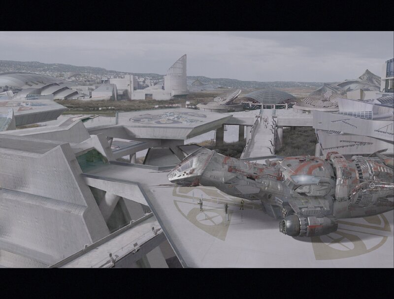 futuristic spaceport scene