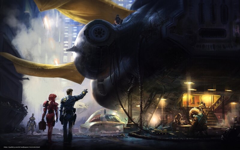Futuristic spaceport scene