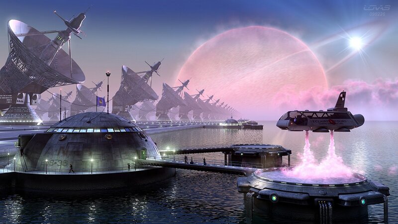 Futuristic spaceport with alien planet
