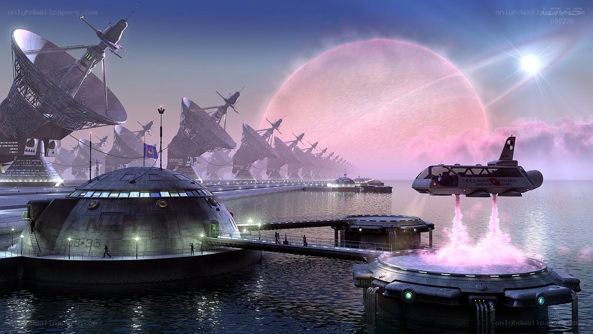 Futuristic spaceport with alien planet
