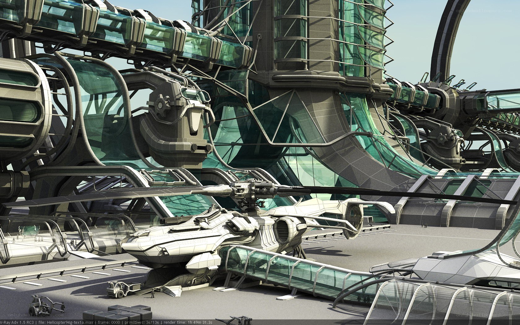 futuristic spaceport with helicopter