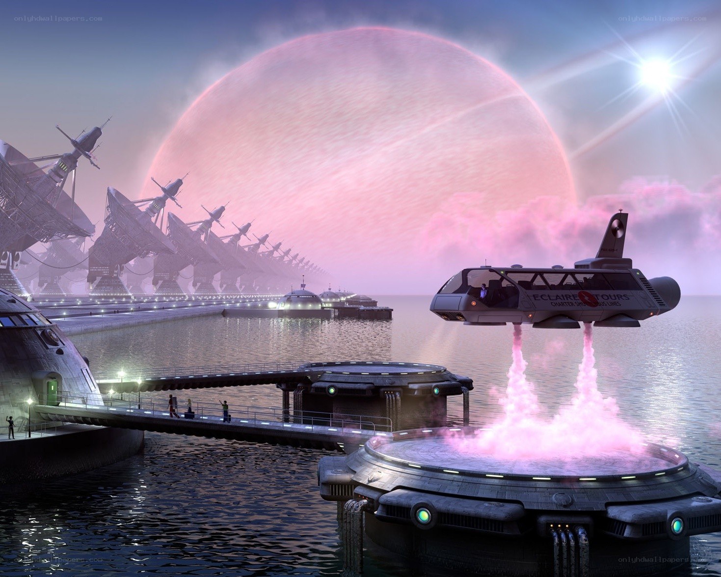 Futuristic spaceport with pink planet