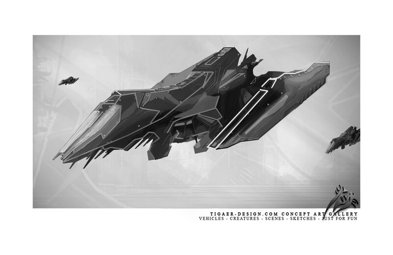 Futuristic Spaceship — Black, Dramatic, Digital Art, Sketch