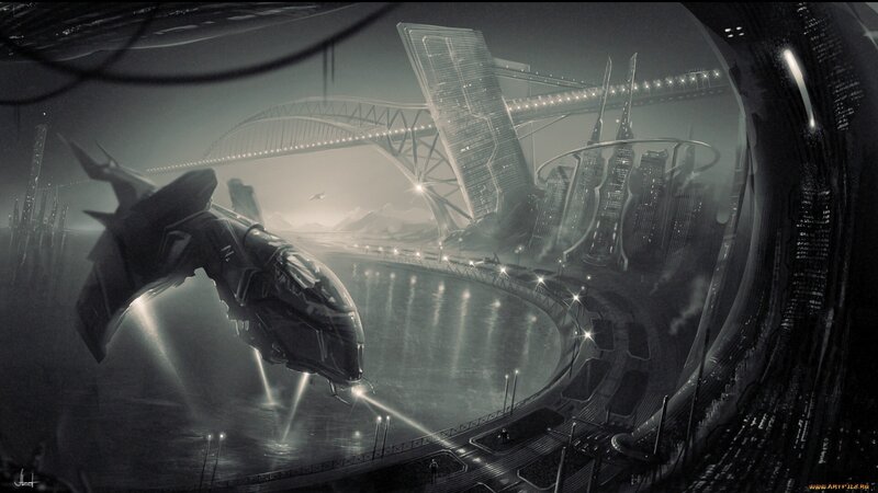 Futuristic Spaceship — Black, Dramatic, Night, Digital Art, City