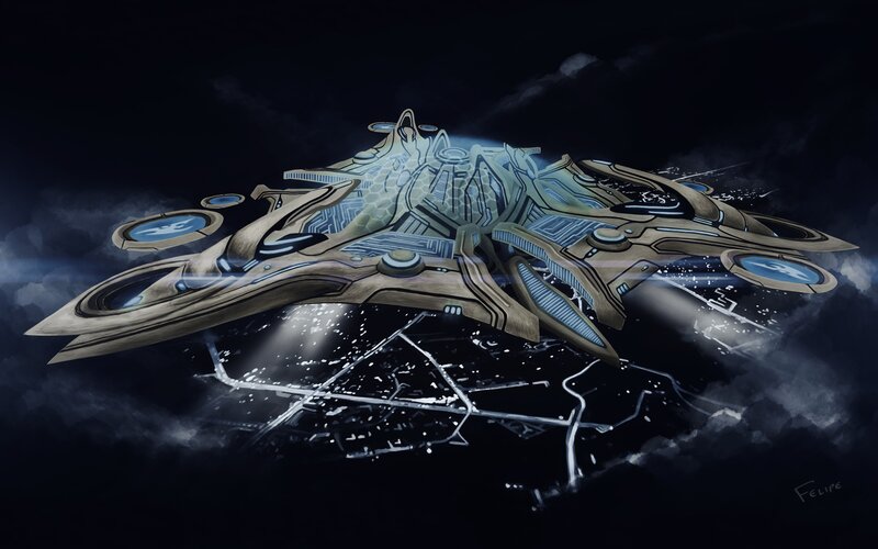 Futuristic Spaceship — Black, Dramatic, Night, Digital Art, Clouds, City Lights