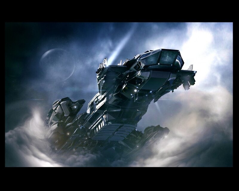 Futuristic Spaceship — Black, Dramatic, Night, Digital Art, Clouds