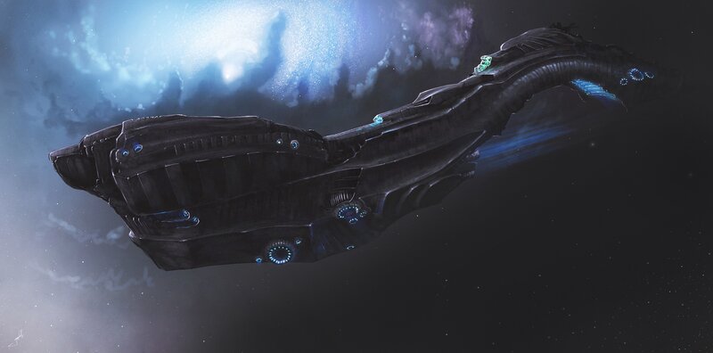 Futuristic Spaceship — Black, Dramatic, Night, Digital Art, Space, Nebula