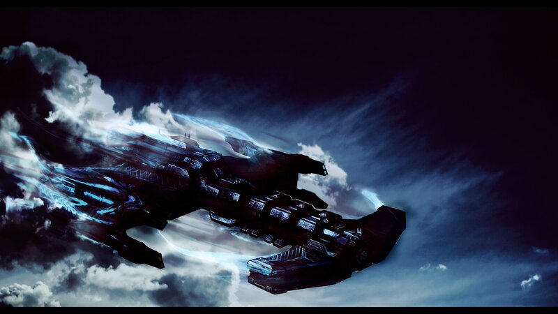Futuristic Spaceship — Blue, Dramatic, Digital Art, Clouds
