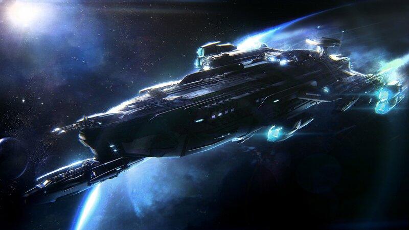Futuristic Spaceship — Blue, Dramatic, Digital Art, Planet