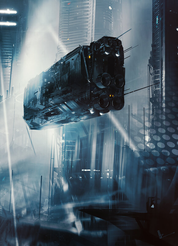Futuristic Spaceship — Blue, Dramatic, Night, Digital Art, City
