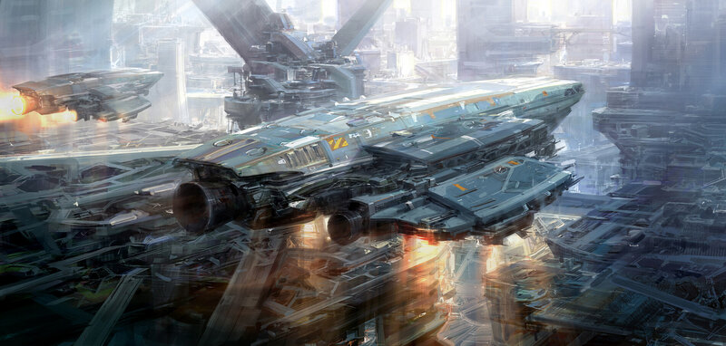 Futuristic Spaceship — Gray, Dramatic, Digital Art, City, Engines