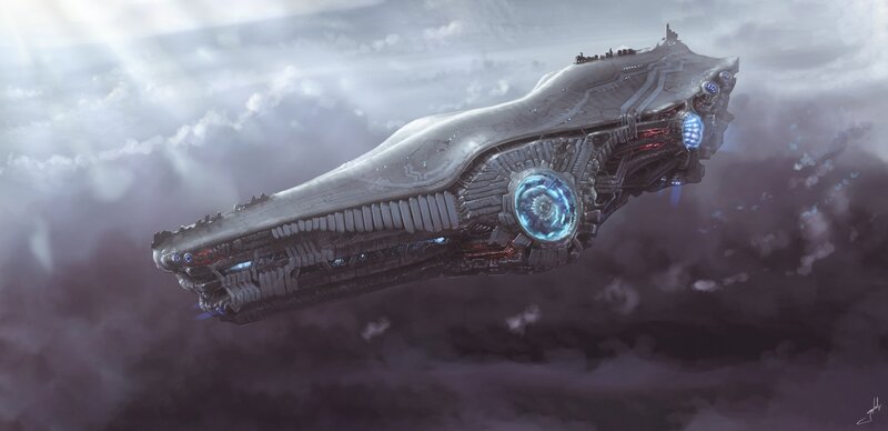 Futuristic Spaceship — Gray, Dramatic, Digital Art, Clouds, Engines