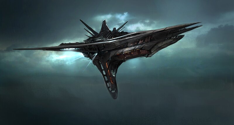 Futuristic Spaceship — Gray, Dramatic, Digital Art, Clouds, Light Beams