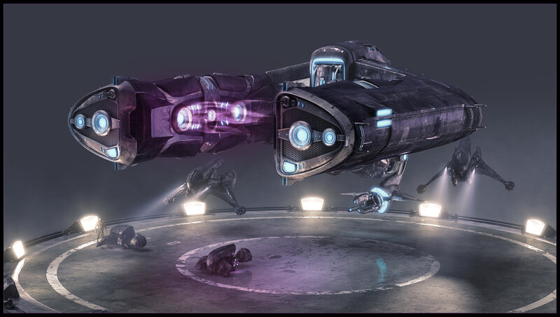 Futuristic Spaceship — Gray, Dramatic, Night, 3d Render, Drones