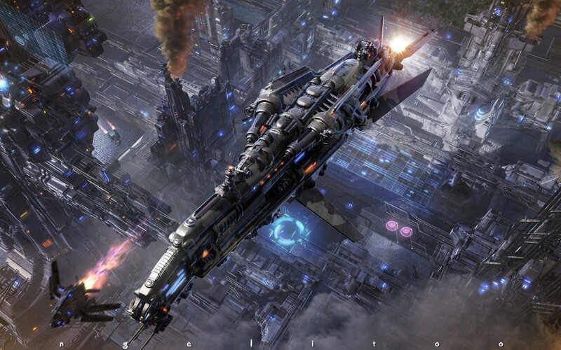 Futuristic Spaceship — Gray, Dramatic, Night, Digital Art, Cityscape