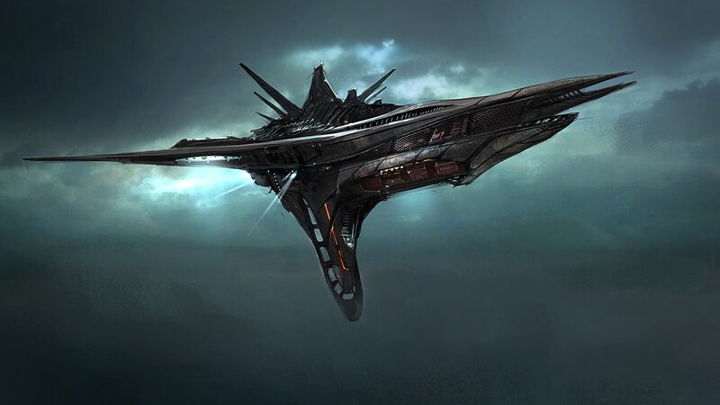 Futuristic Spaceship — Gray, Dramatic, Night, Digital Art, Clouds