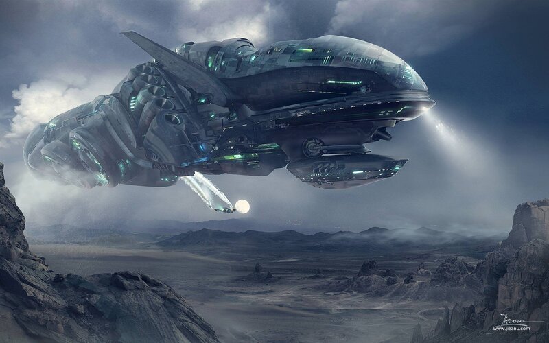 Futuristic Spaceship — Gray, Dramatic, Night, Digital Art, Desert Landscape