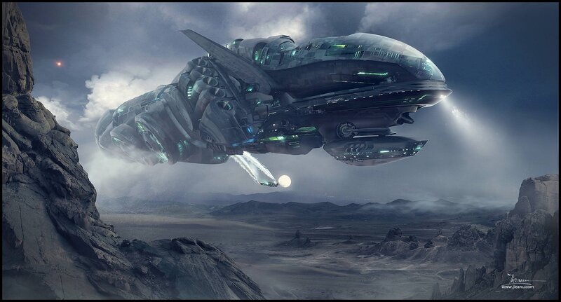 Futuristic Spaceship — Gray, Dramatic, Night, Digital Art, Rocky Terrain
