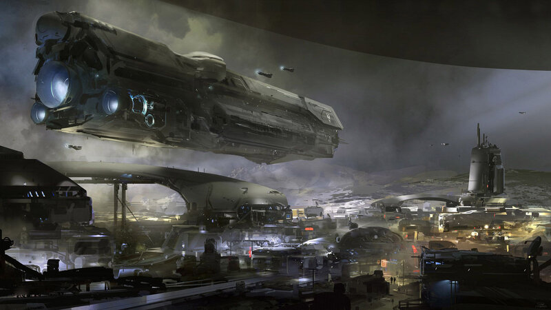 Futuristic Spaceship — Gray, Dramatic, Night, Digital Art, Space Station, Drones