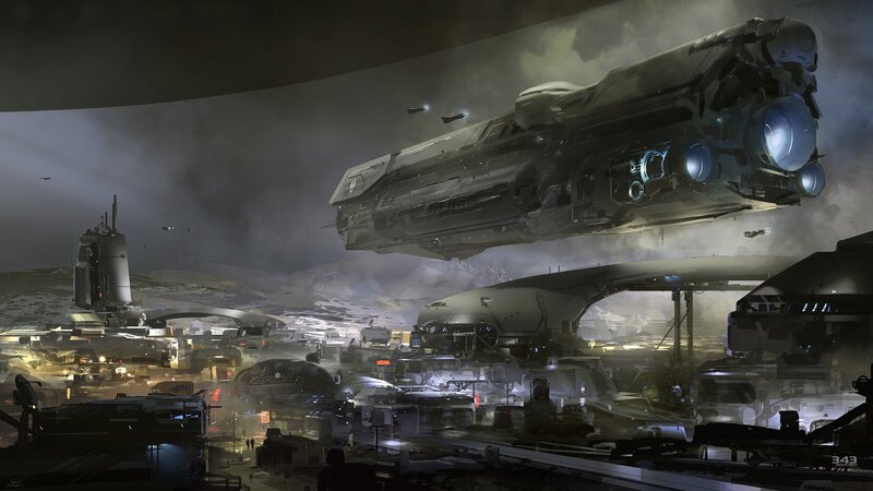 Futuristic Spaceship — Gray, Dramatic, Night, Digital Art, Space Station, Dust Storm