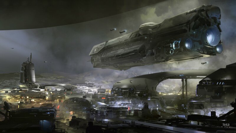 Futuristic Spaceship — Gray, Dramatic, Night, Digital Art, Space Station