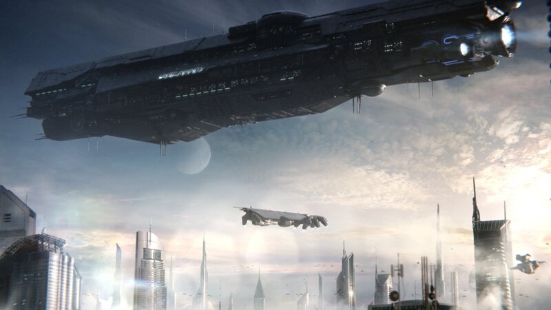 Futuristic Spaceship — Gray, Dramatic, Sunset, Digital Art, City Skyline