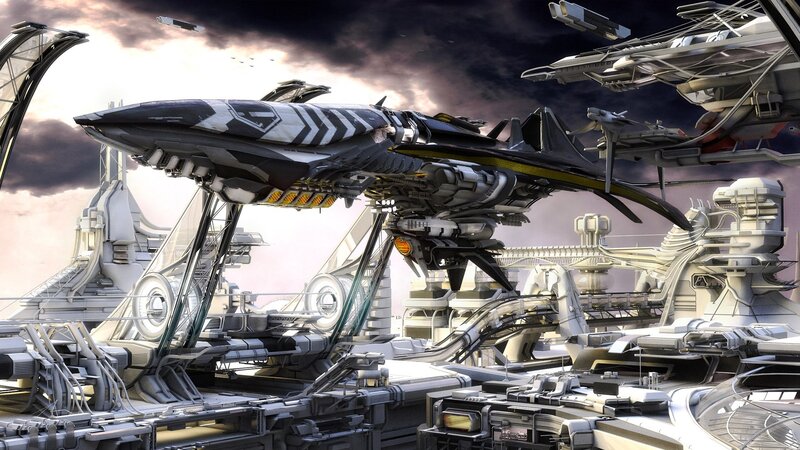 Futuristic Spaceship — Gray, Dramatic, Sunset, Digital Art, Spacecraft