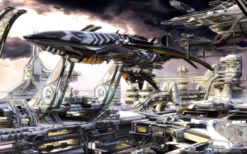 Futuristic Spaceship — Gray, Dramatic, Sunset, Digital Art