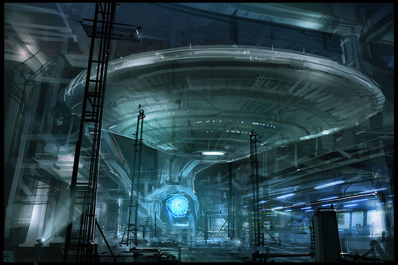 Futuristic Spaceship Hangar — Blue, Dramatic