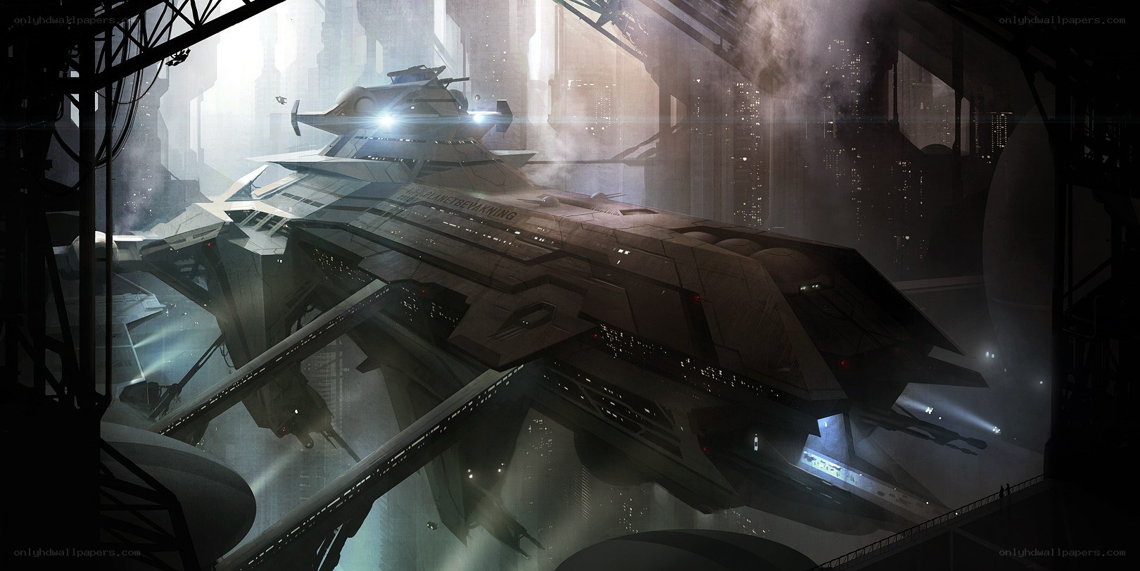Futuristic spaceship in a city