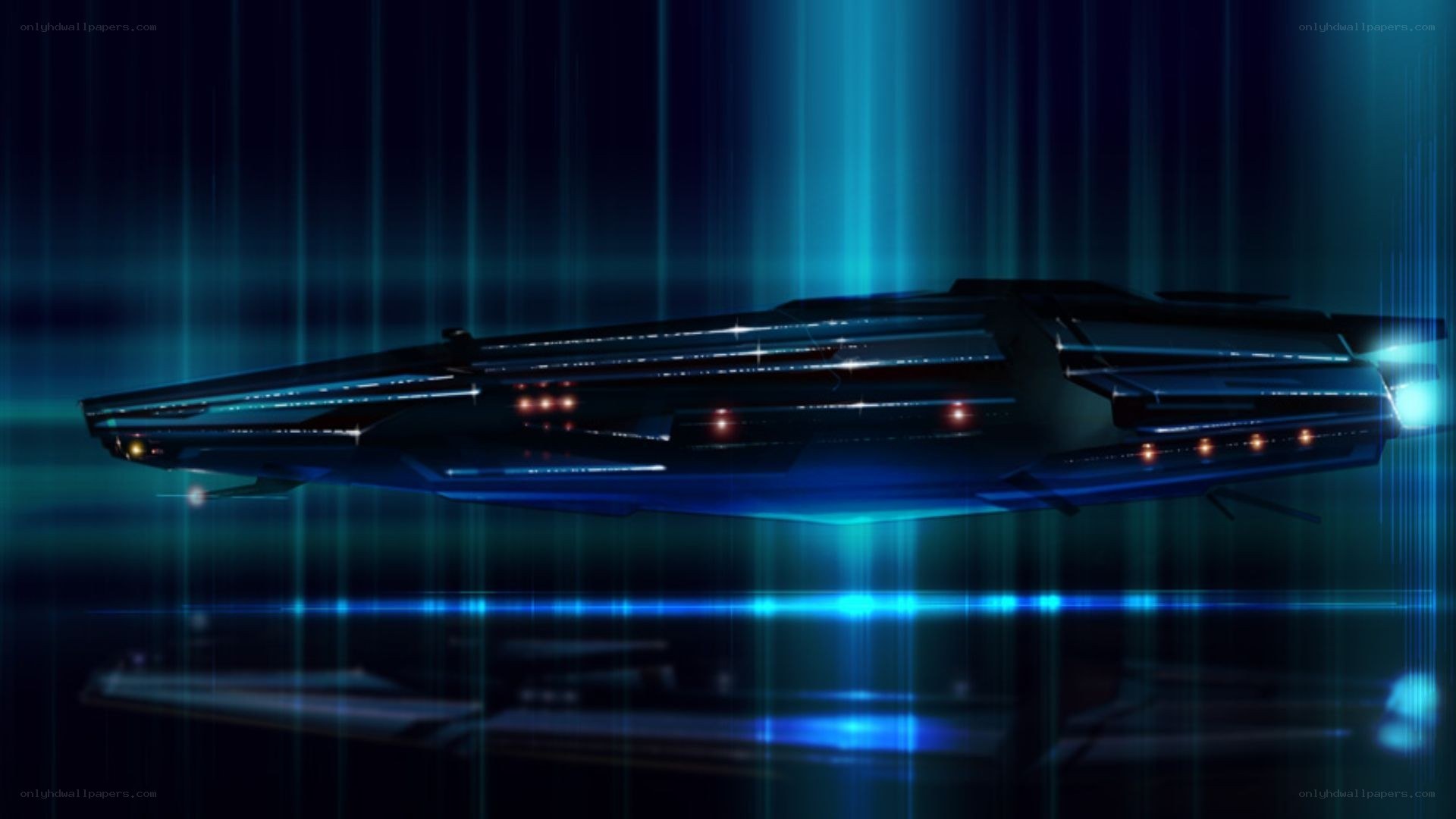 futuristic spaceship in blue light