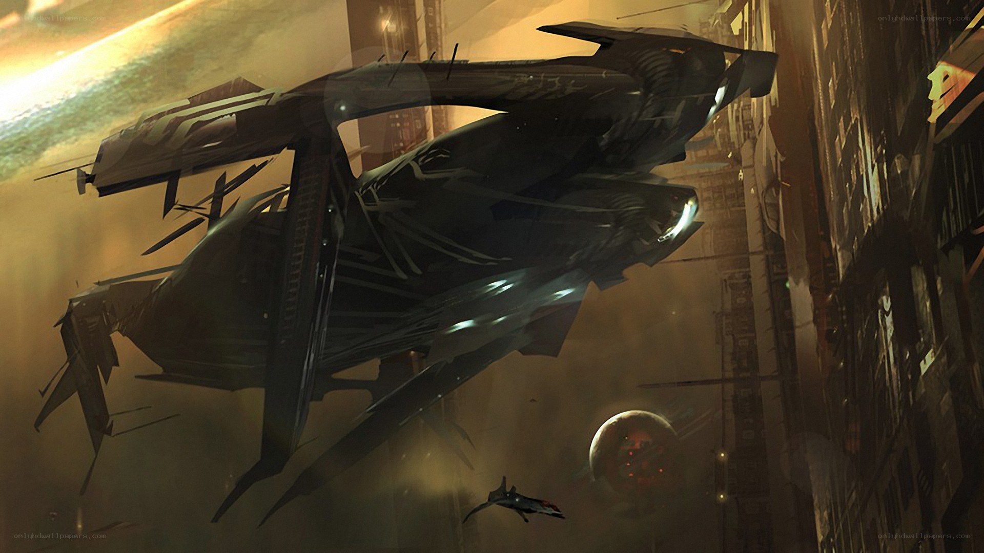 Futuristic spaceship in city