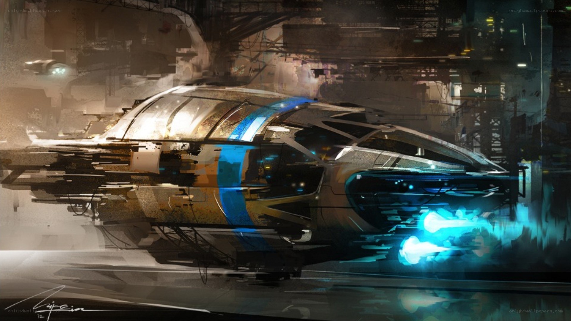 futuristic spaceship in city