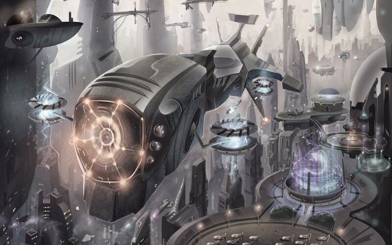Futuristic Spaceship in City — Gray