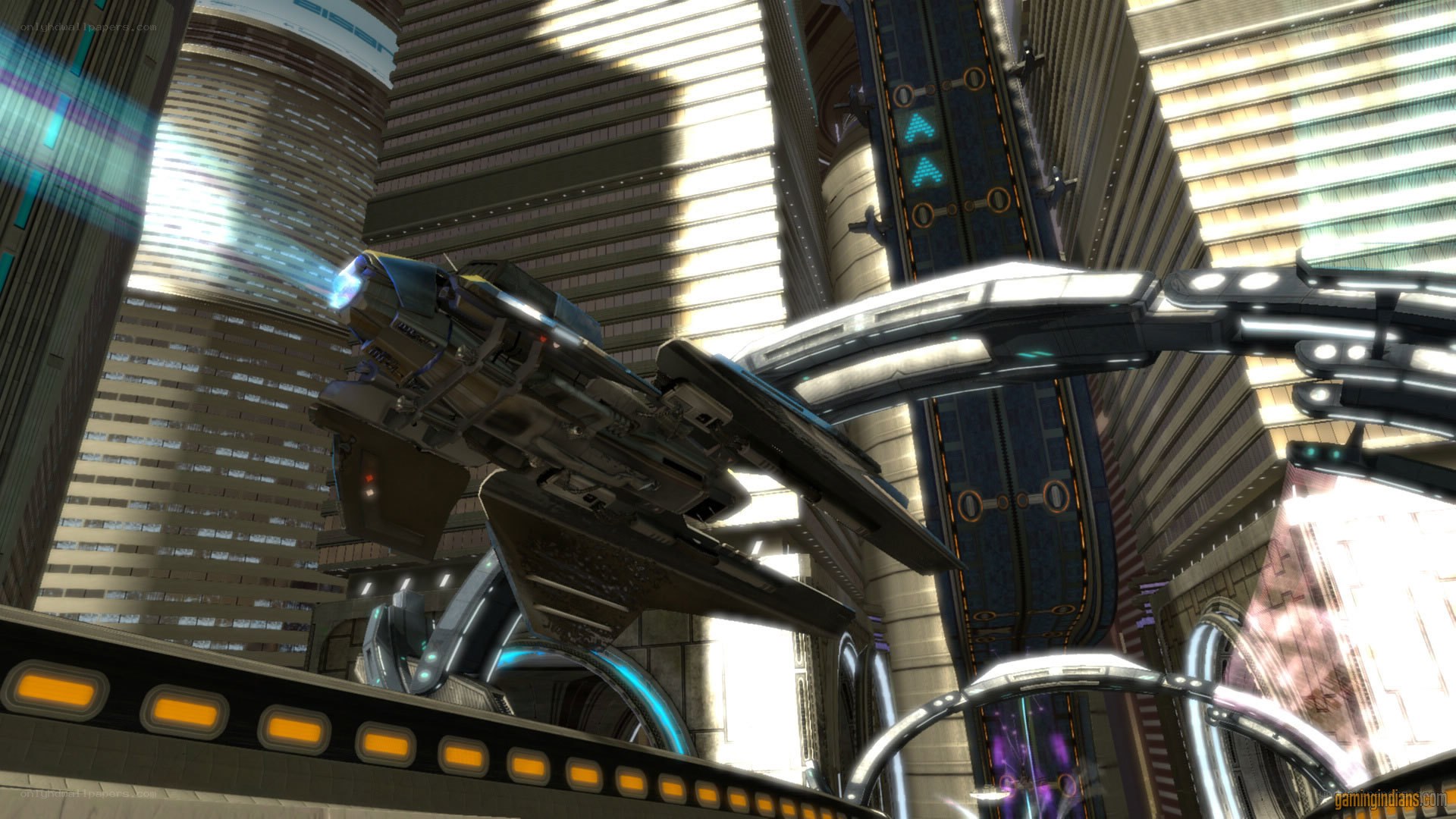 futuristic spaceship in city
