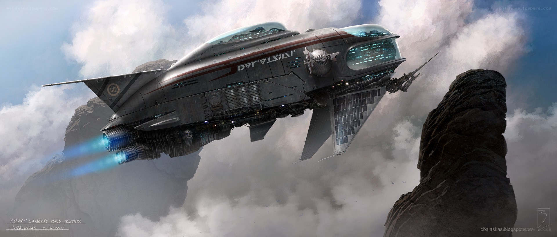 futuristic spaceship in clouds