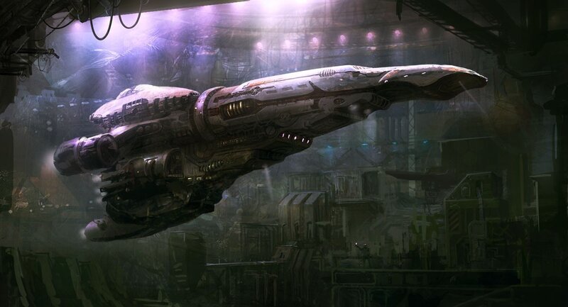 futuristic spaceship in hangar