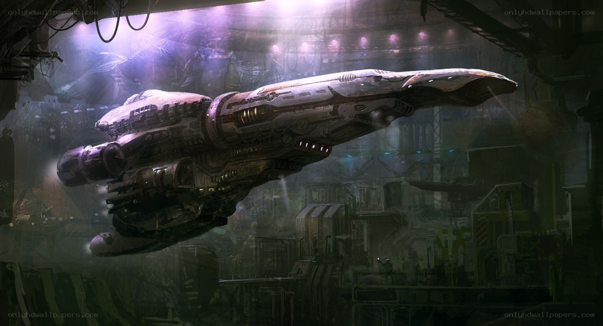 futuristic spaceship in hangar