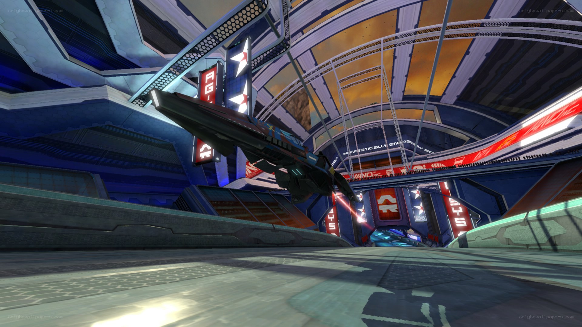 futuristic spaceship in hangar