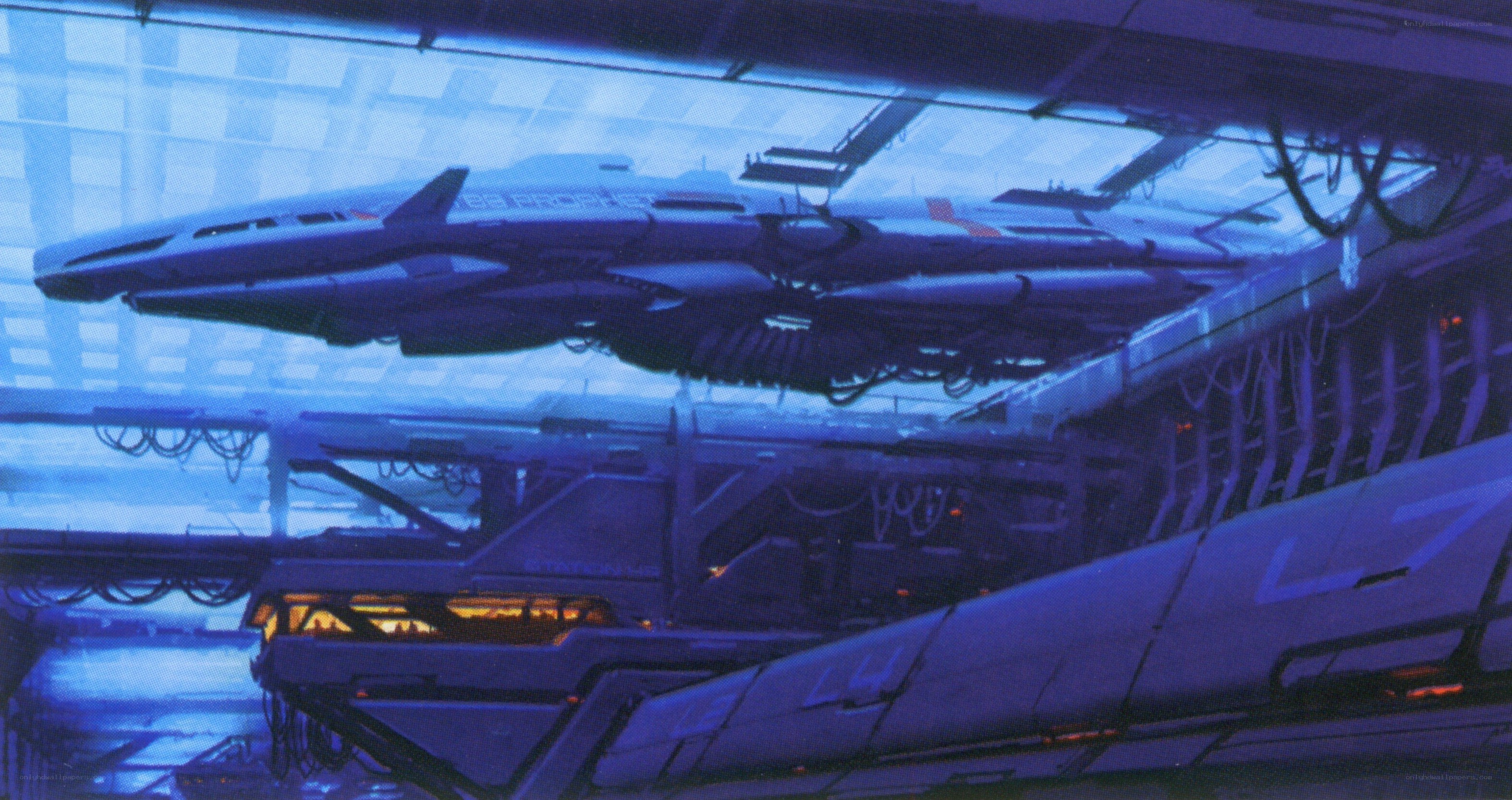 futuristic spaceship in hangar