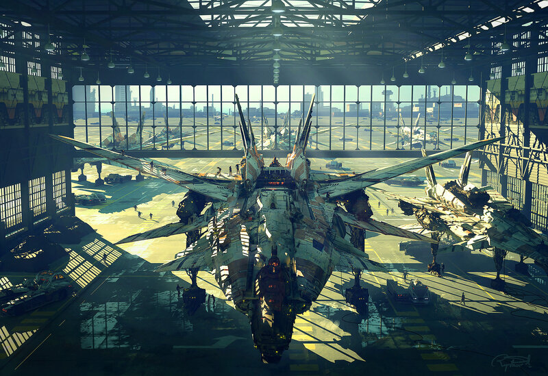 Futuristic Spaceship in Hangar — Gray