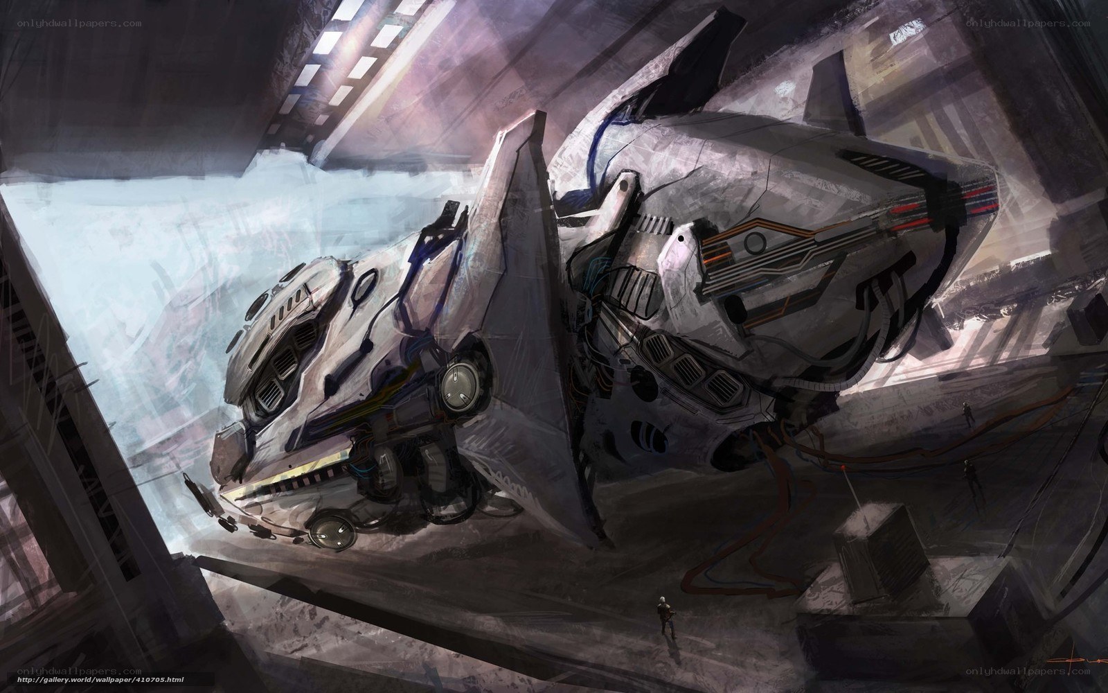 futuristic spaceship in hangar
