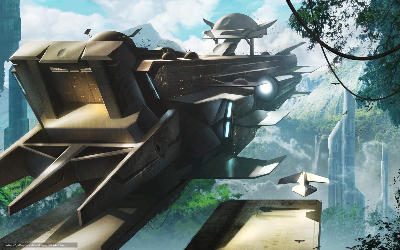 futuristic spaceship in jungle