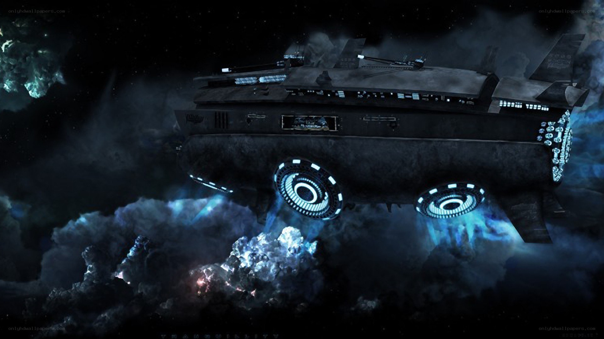 futuristic spaceship in nebula