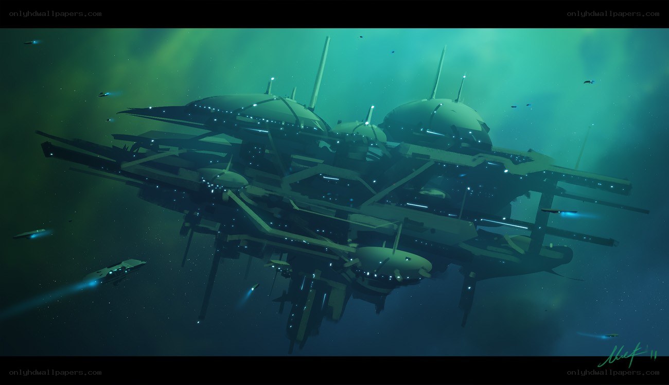 futuristic spaceship in nebula