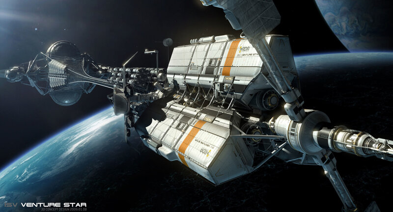 Futuristic spaceship in orbit