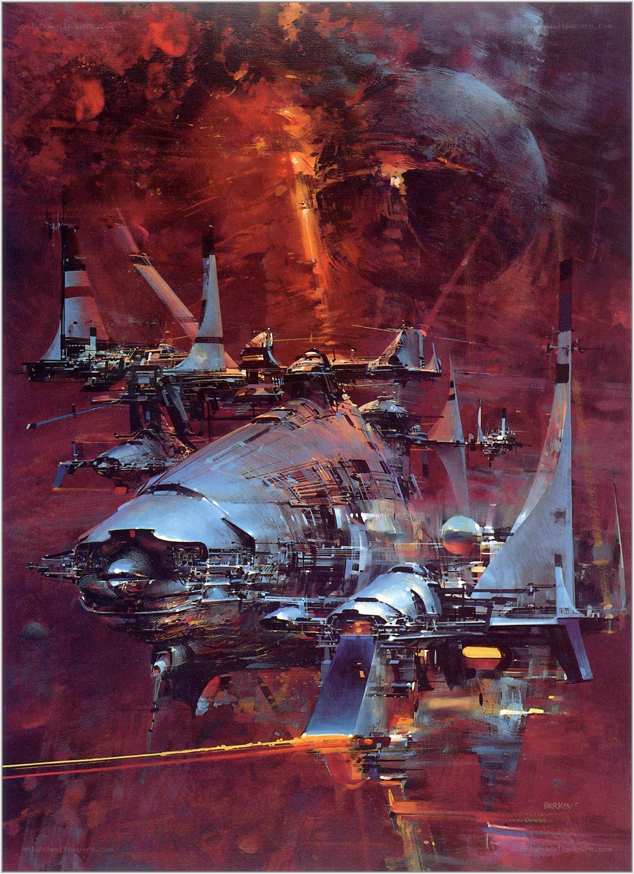 Futuristic spaceship in red nebula
